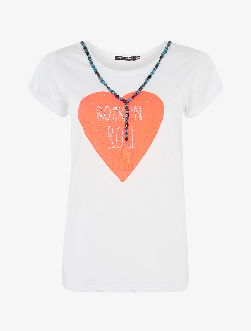 t-shirt rock'n roll heart - blanc/orange fluo - femme -