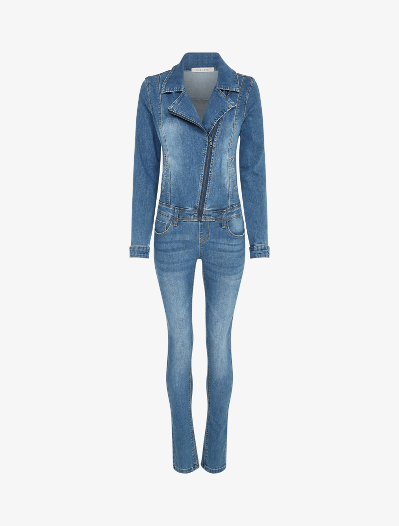 combinaison en jean l��g��rement d��lav�� �� col zipp�� - bleu - femme -